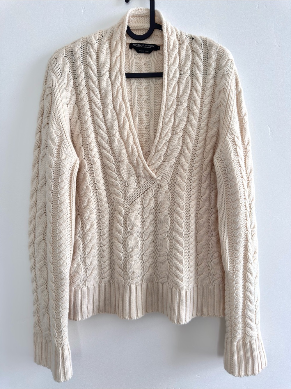 Adrienne Vittadini Italian Cashmere Cable Knit Crossover V-Neck Sweater Ivory M